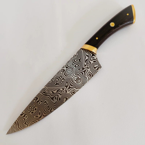 کارد آشپزخانه طرح دمشقی ته برنجی دسته چوب ونگه